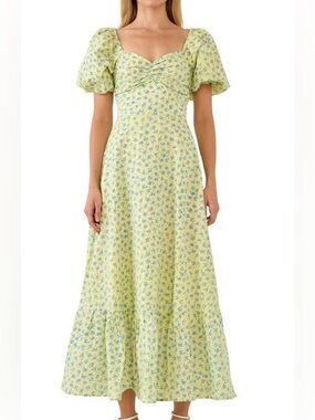 Free the Roses Yellow Floral Sweetheart Maxi Dress Medium